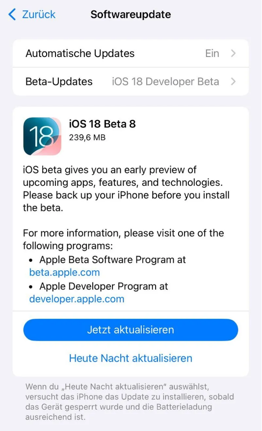 卫滨苹果手机维修分享苹果 iOS / iPadOS 18 开发者预览版 Beta 8 发布 